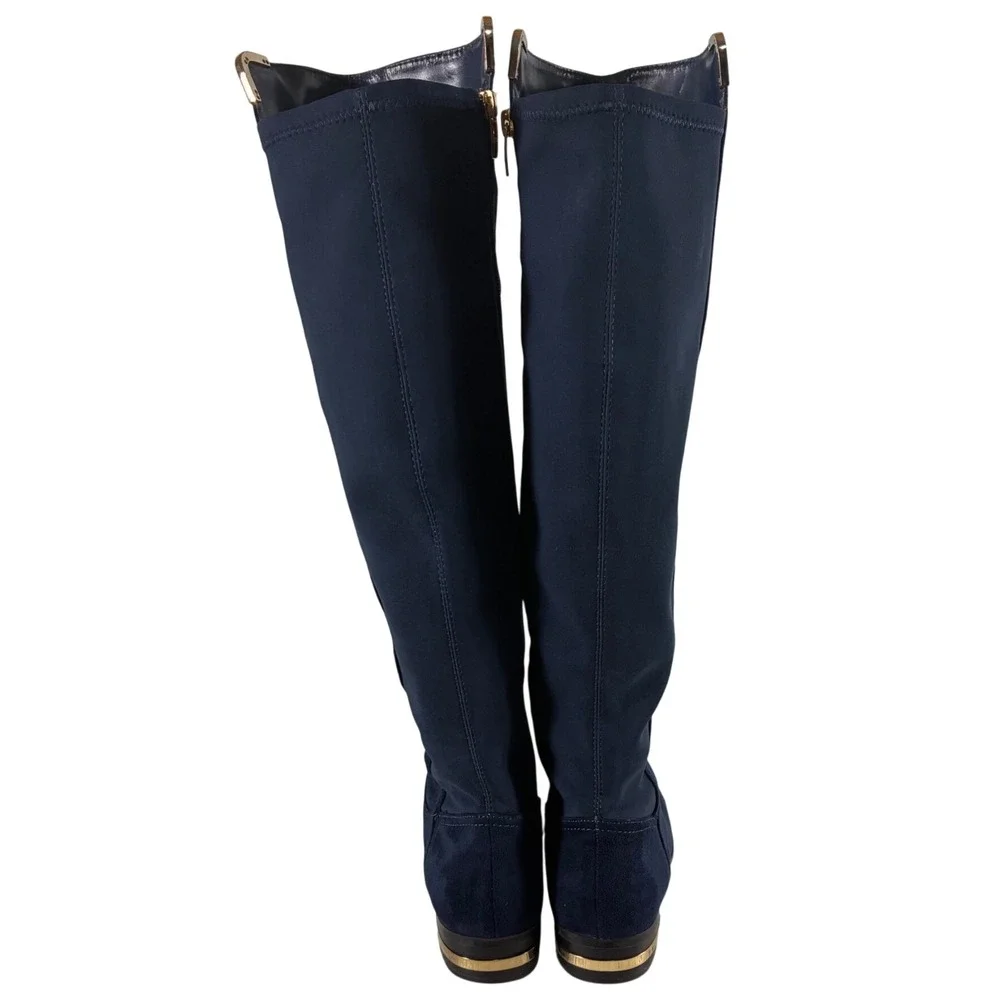 Marc Fisher Navy Blue Suede Over The Knee Boots Gold Heel Detail Womens 8.5M